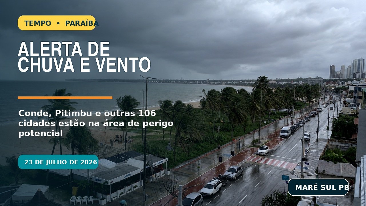 Orla de Tambaú e Cabo Branco, em João Pessoa, sob nuvens escuras, chuva e vento, ilustrando alerta meteorológico na Paraíba